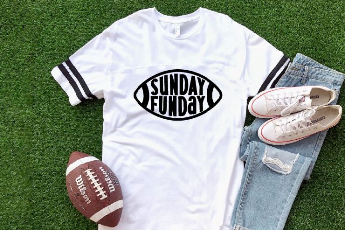 AstroTurf background with white shirt and Sunday Funday Free football SVG with football and jeans
