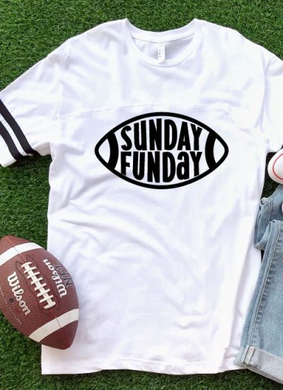 AstroTurf background with white shirt and Sunday Funday Free football SVG with football and jeans - vertical layout