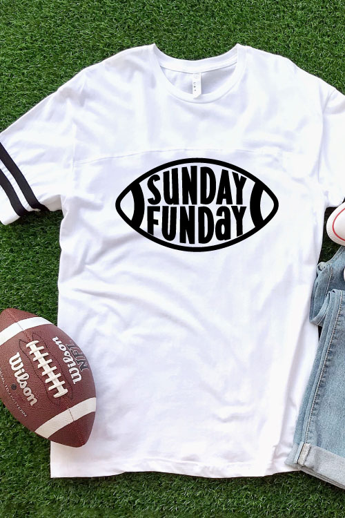AstroTurf background with white shirt and Sunday Funday Free football SVG with football and jeans - vertical layout