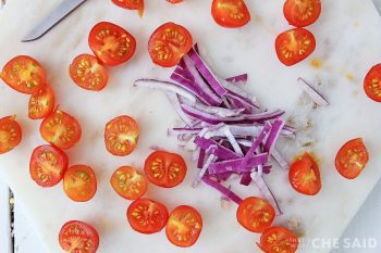 Sliced cherry/grape tomatoes and sliced red onions
