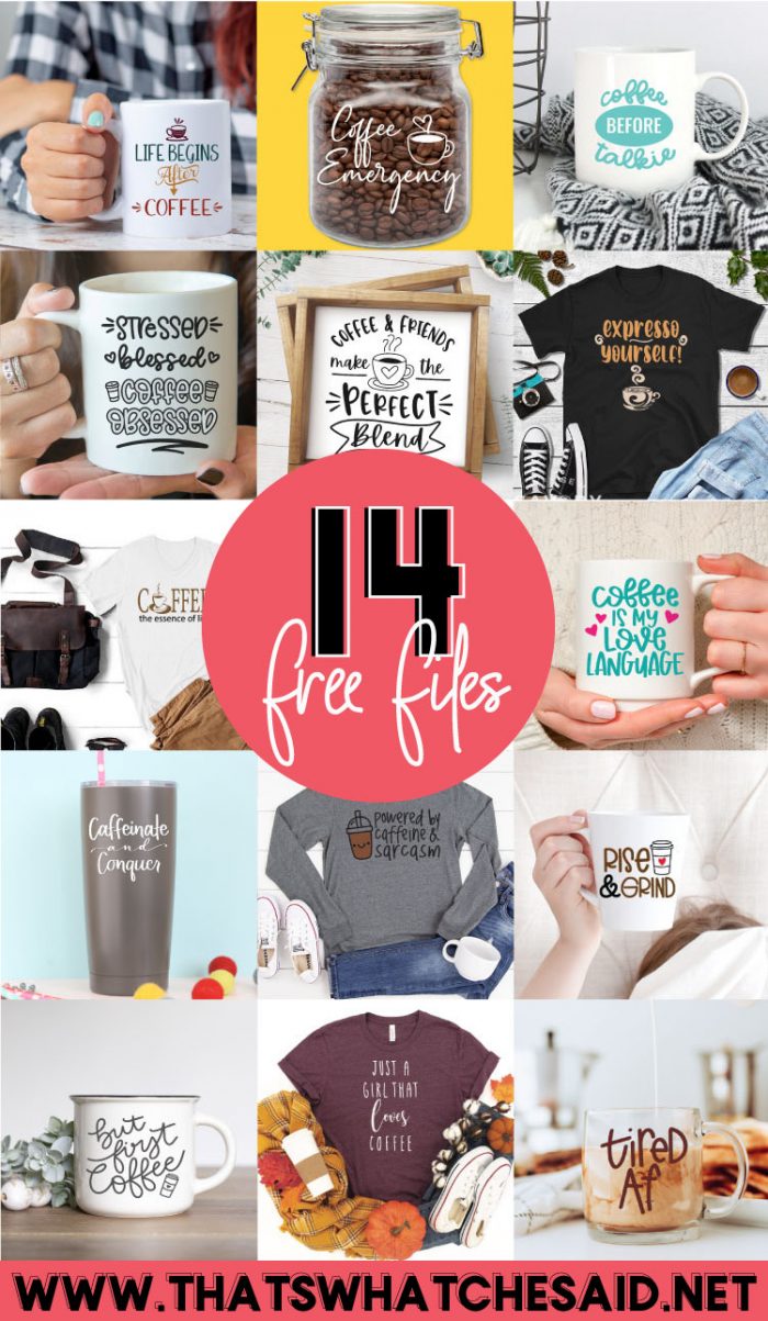 Collage of 14 Free Coffee Projects with Free Coffee SVG Files