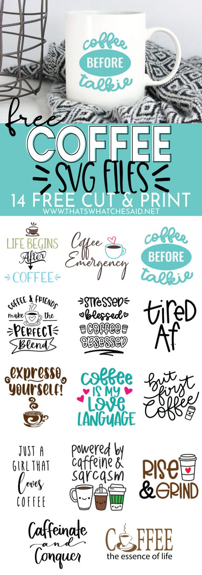 Pinterest Pin, Coffee Mug with wording about free coffee svg files