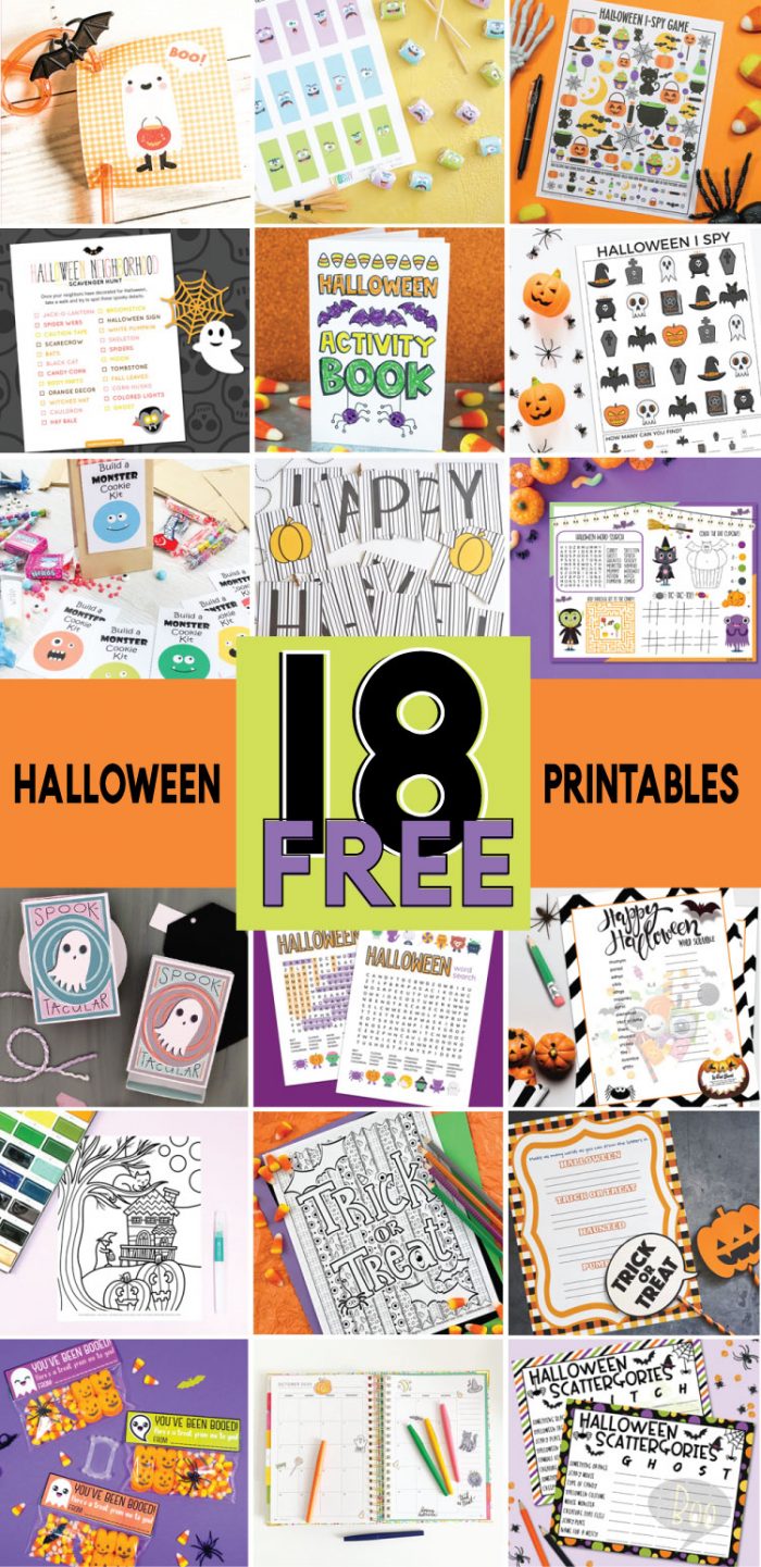 Collage of 18 Free Halloween Printables offered through the Totally Free Printable Blog Hop