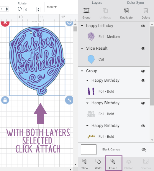 Design Space Canvas with markings to show exactly what it looks like to have layers selected and where to click attach