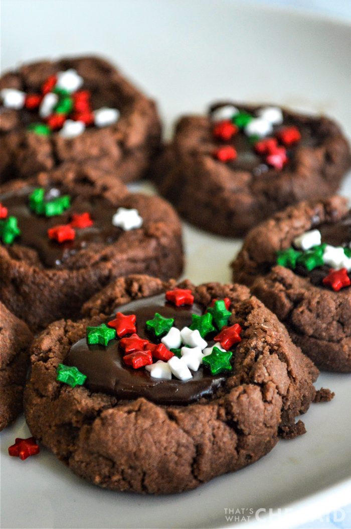 Chocolate Thumbprint cookies with Christmas Sprinkles