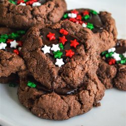 Chocolate Thumbprint cookies with Christmas Sprinkles