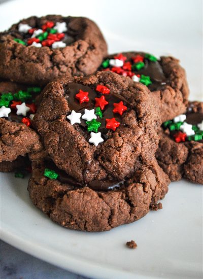 Chocolate Thumbprint cookies with Christmas Sprinkles