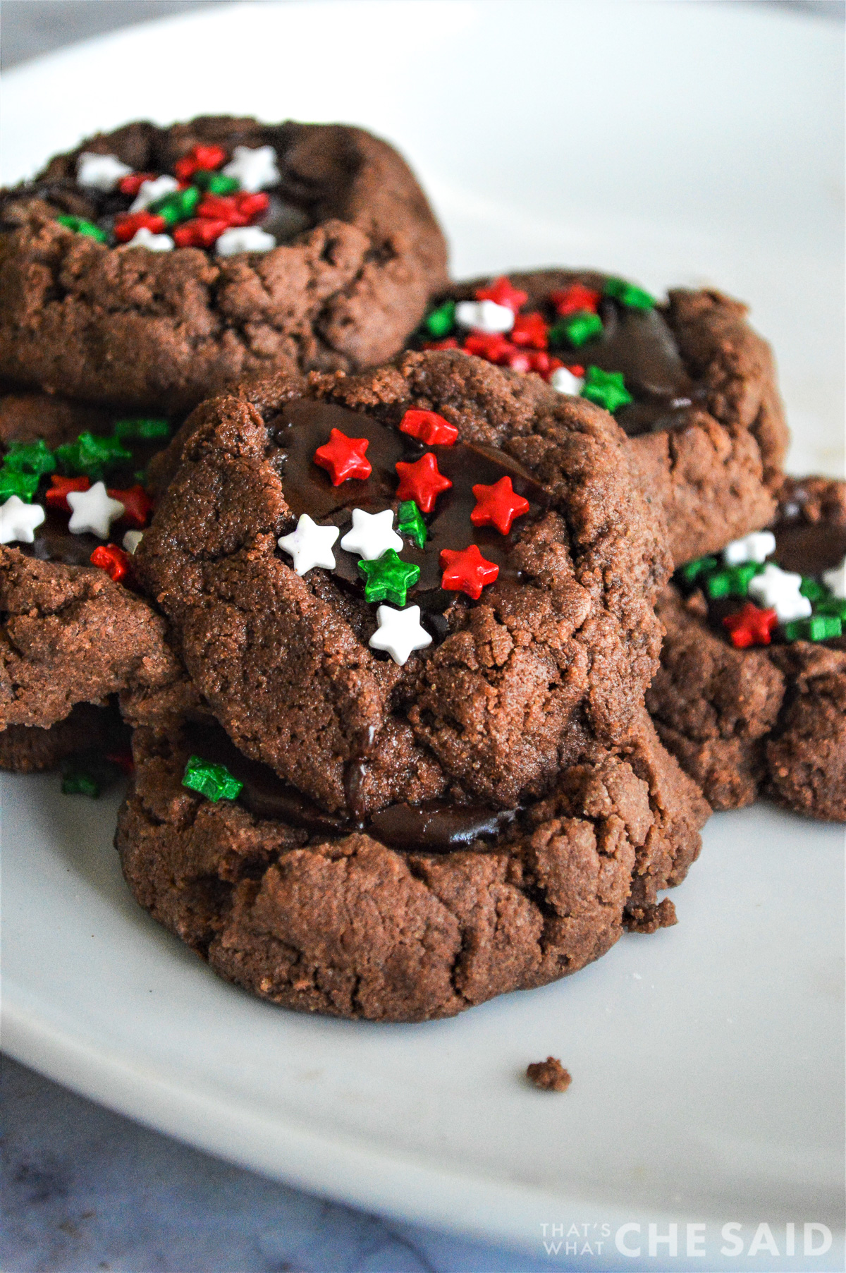 Chocolate Thumbprint cookies with Christmas Sprinkles
