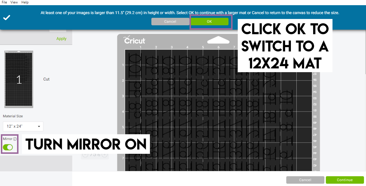 Cricut Design Space Screenshot showing to use large mat and turn mirror on