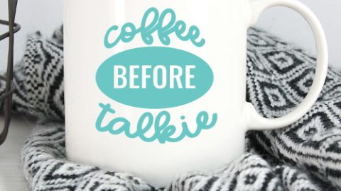 Black and White Blanket with White Mug and Coffee Before Talkie applied in aqua adhesive vinyl - Vertical Orientation