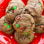 Red holiday plate with chocoalte cookies with red and green m&ms