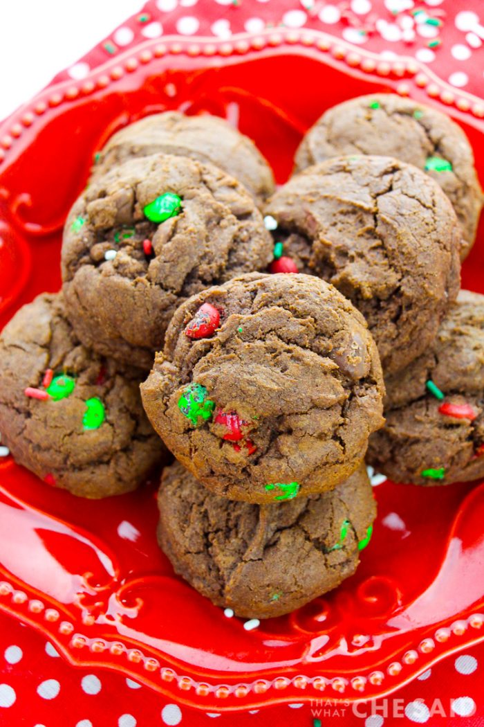 Red holiday plate with chocoalte cookies with red and green m&ms