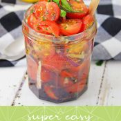 Vertical of Tomato Relish in a Jar with Wording overlay added for a Pinterest Pin