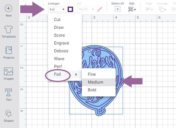 Cricut Design Space with highlighted areas on where to change line type from cut to foil for the cricut foil transfer system