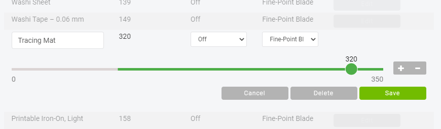 Visual of Cricut Design Space showing where to adjust the pressure for a custom material