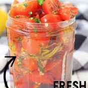 Vertical of Tomato Relish in a Jar with Wording overlay added for a Pinterest Pin