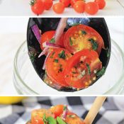 Collage of three images, ingredients, spooning tomato relish into jar, and finished recipe