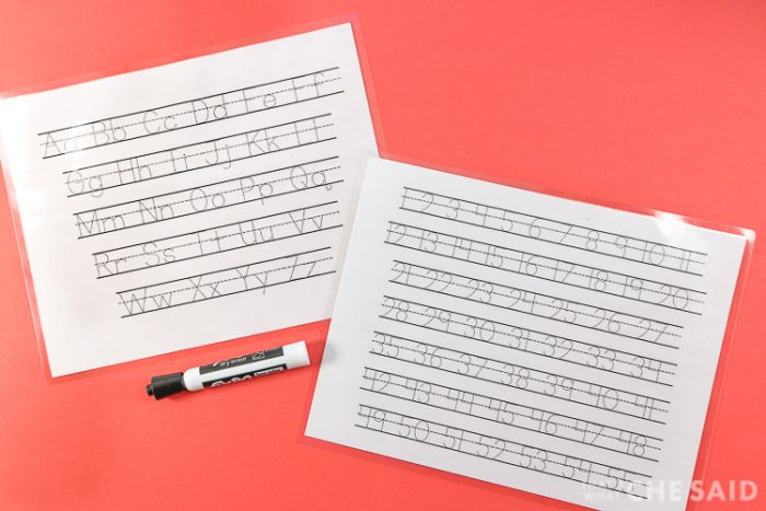 Tracing Sheets made from Free Tracing Fonts and laminated to use with a dry erase marker