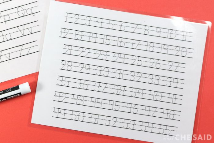 Number and Letter Tracing Sheets made from Free Tracing Fonts and laminated to use with a dry erase marker