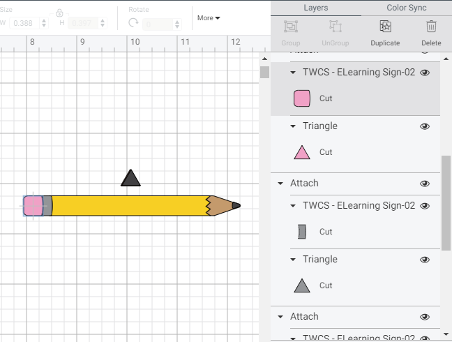 Cricut Design Space Canvas and layers panel showing color layers attached