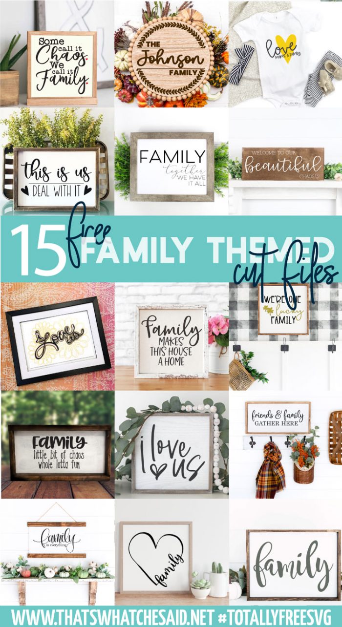 Collage of 15 free family svg finished projects