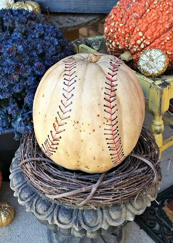 Pumpkin made to look like a baseball