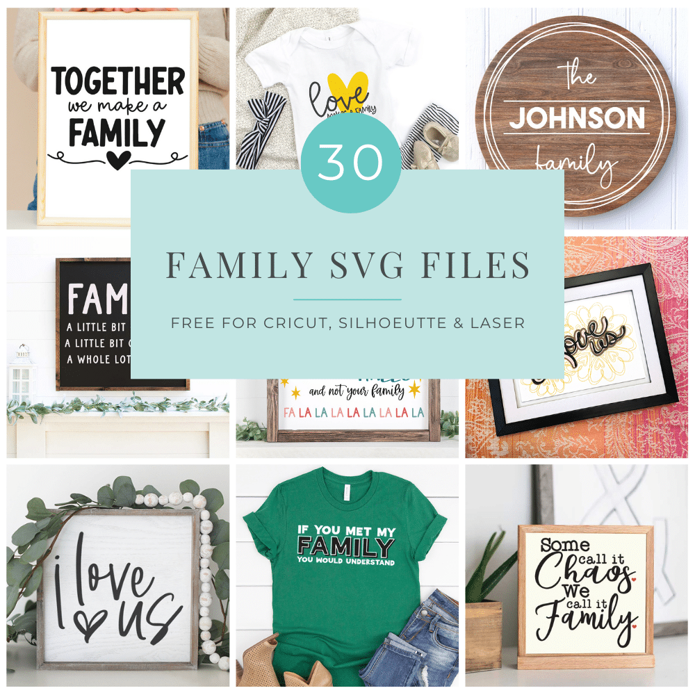 Collage of 30 free family svg files for crafts - social post square