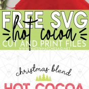 Pin image of hot cocoa apron on top and hot cocoa svg on the bottom