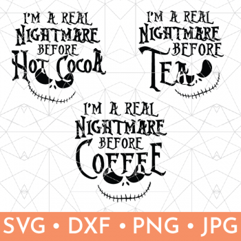 Vector graphic of Nightmare Before Christmas Jack Skellington Coffee Mug SVG files.  One for coffee, tea and hot cocoa. 