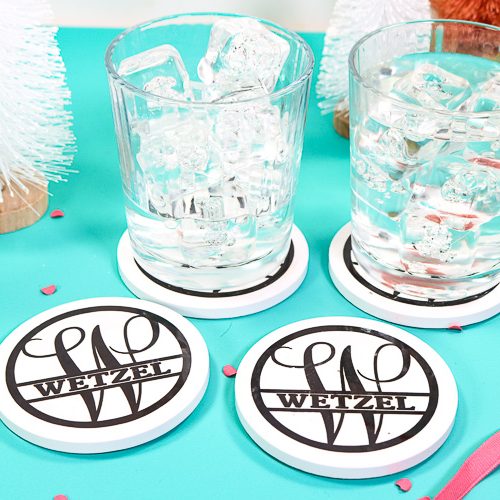 Bottle Brush Trees with Coasters and glasses of water - horizontal
