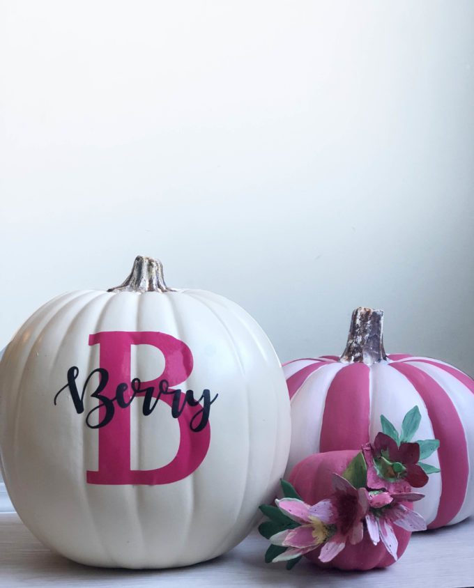 White Pumpkin with Pink B and last name in black vinyl.