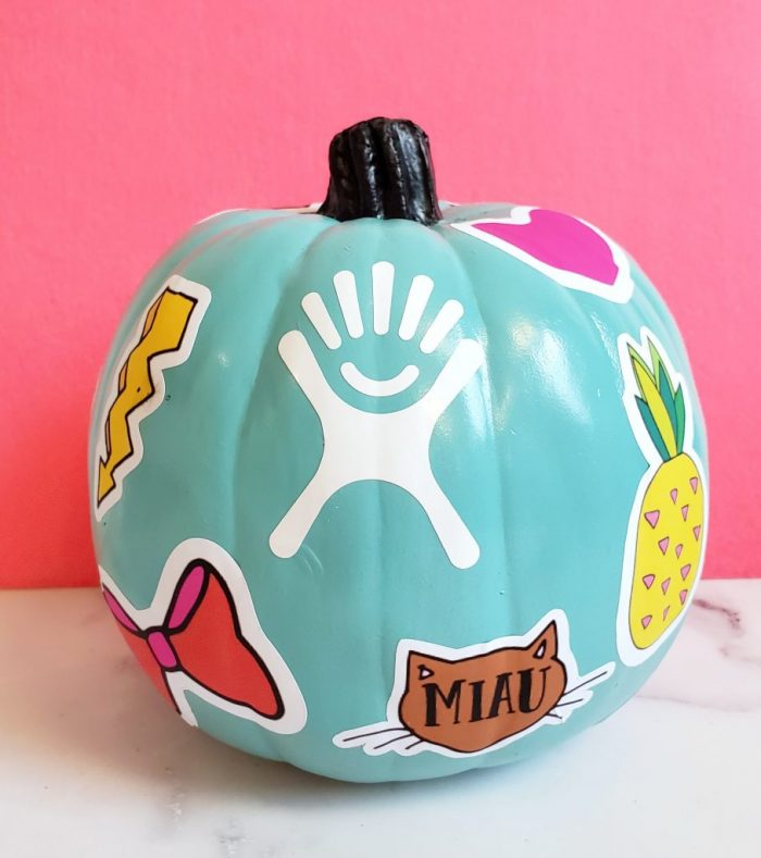 VSCO Girl pumpkin: Aqua painted pumpkin with vsco stickers