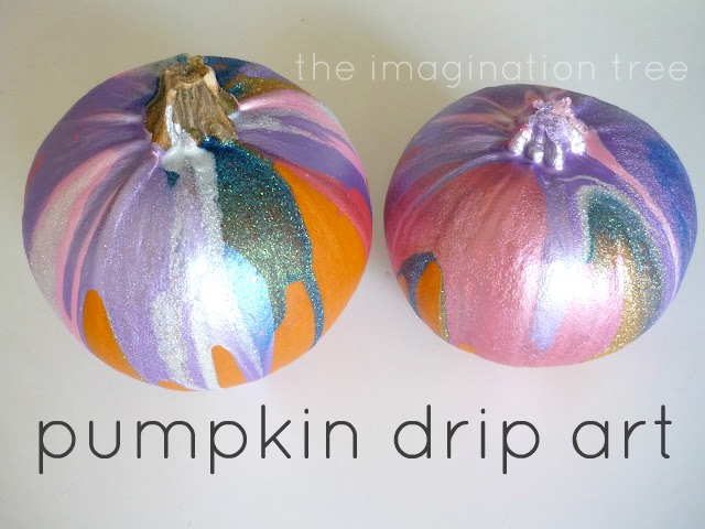 Pumpkins that have been dripped in paint