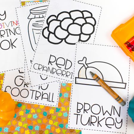 Thanksgiving Coloring book pages with crayons and pumpkins