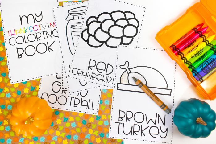 Thanksgiving Coloring book pages with crayons and pumpkins