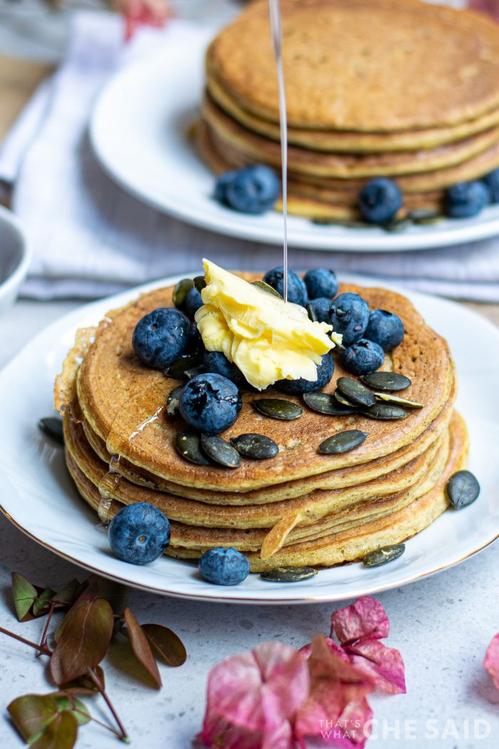 Drizzling Syrup on Pancakes