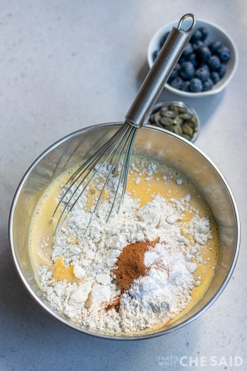 Addition of dry ingredients into wet ingredient bowl