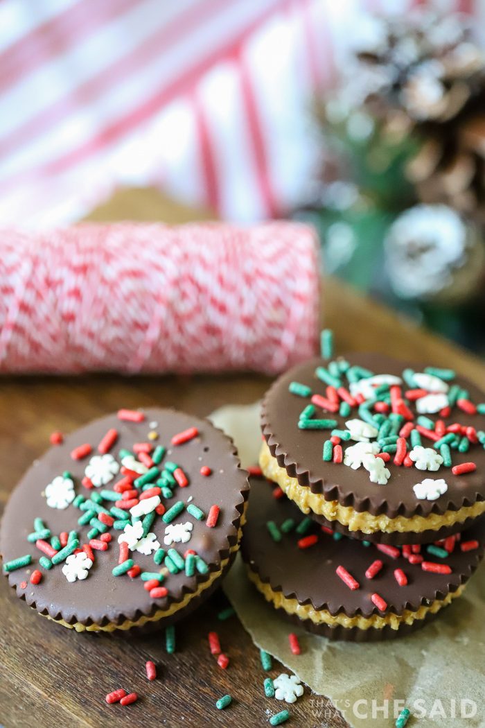 Homemade peanut butter cups with holiday sprinkles on top