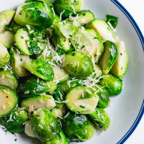 Cooked Brussel Sprouts with Parmesan in a bowl
