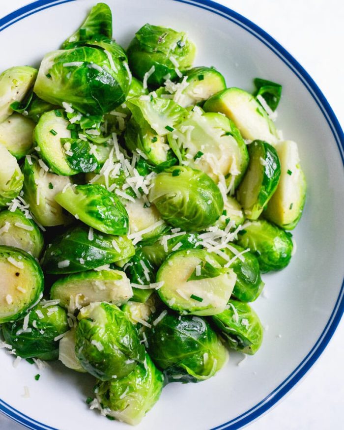 Cooked Brussel Sprouts with Parmesan in a bowl