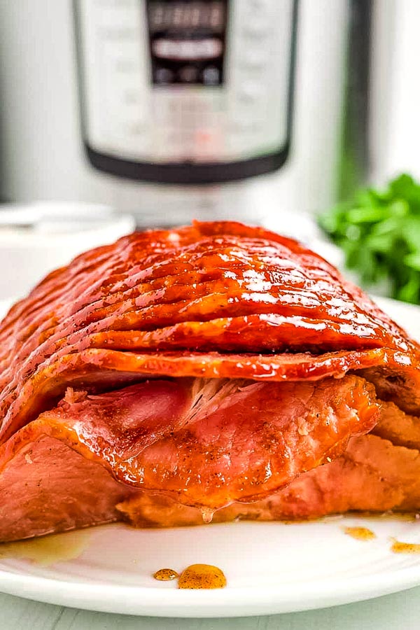 copy cat honey baked ham with instant pot in background