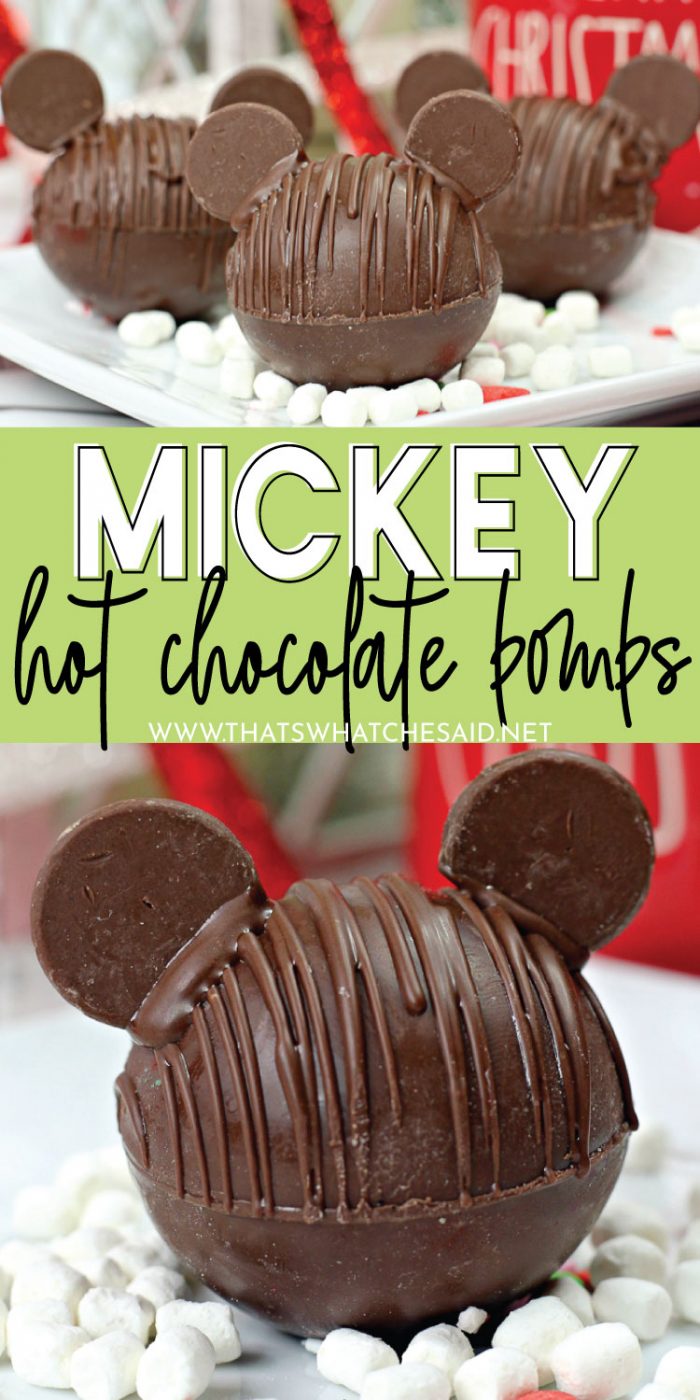 Pinterest Pin. Three Horizontal hot chocolate bobms at the top separated by descriptive wording and then a single close up on the bottom of the collage