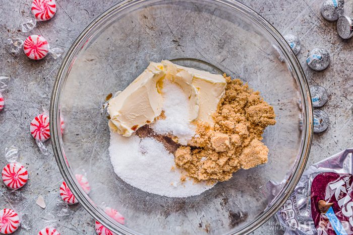 Butter and sugars in a bowl to cream