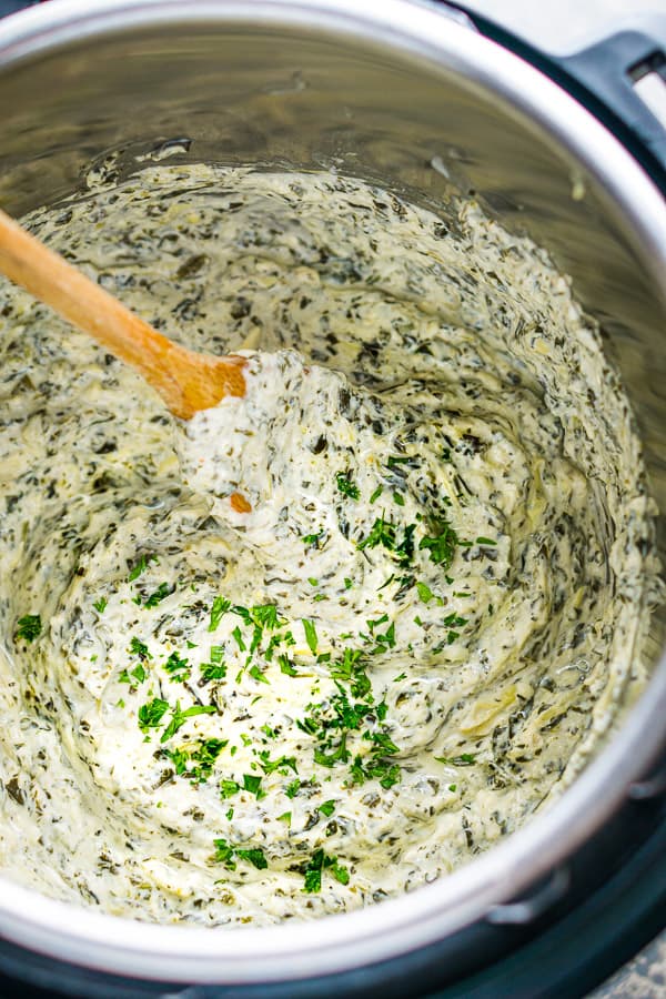 Spinach Artichoke Dip in an instant pot inner pot