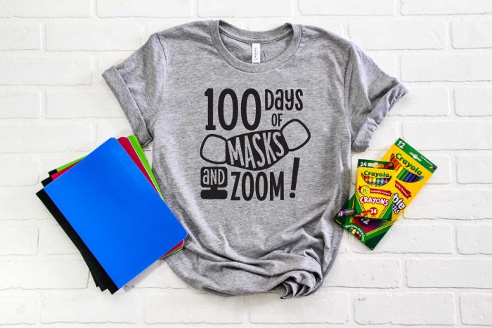 Grey Shirt with "100 Days of Masks & Zoom" design with school supplies - horizontal format