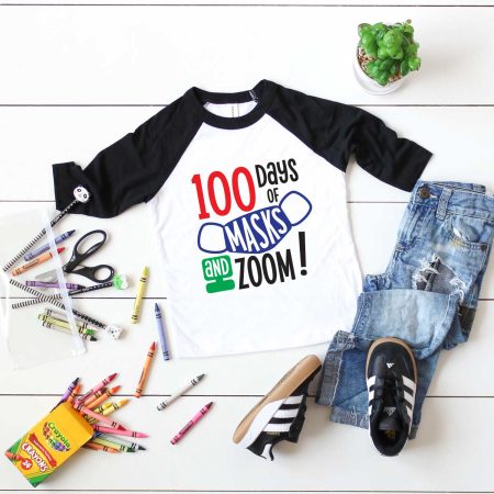 Vertical White background with black and white raglan t-shirt with 100 days of school design and school supplies