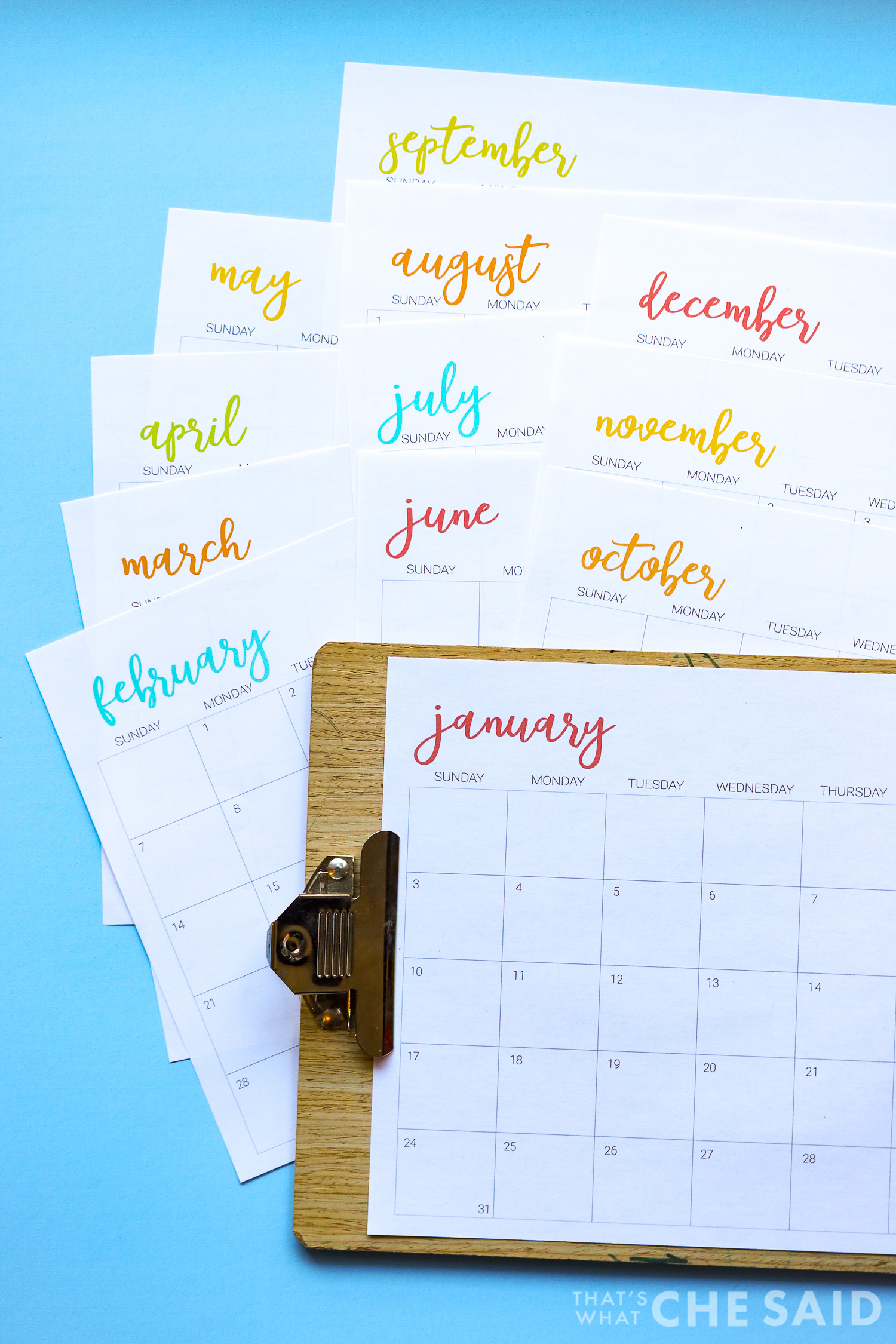 Blue background with white printable calendar sheets for year 2021