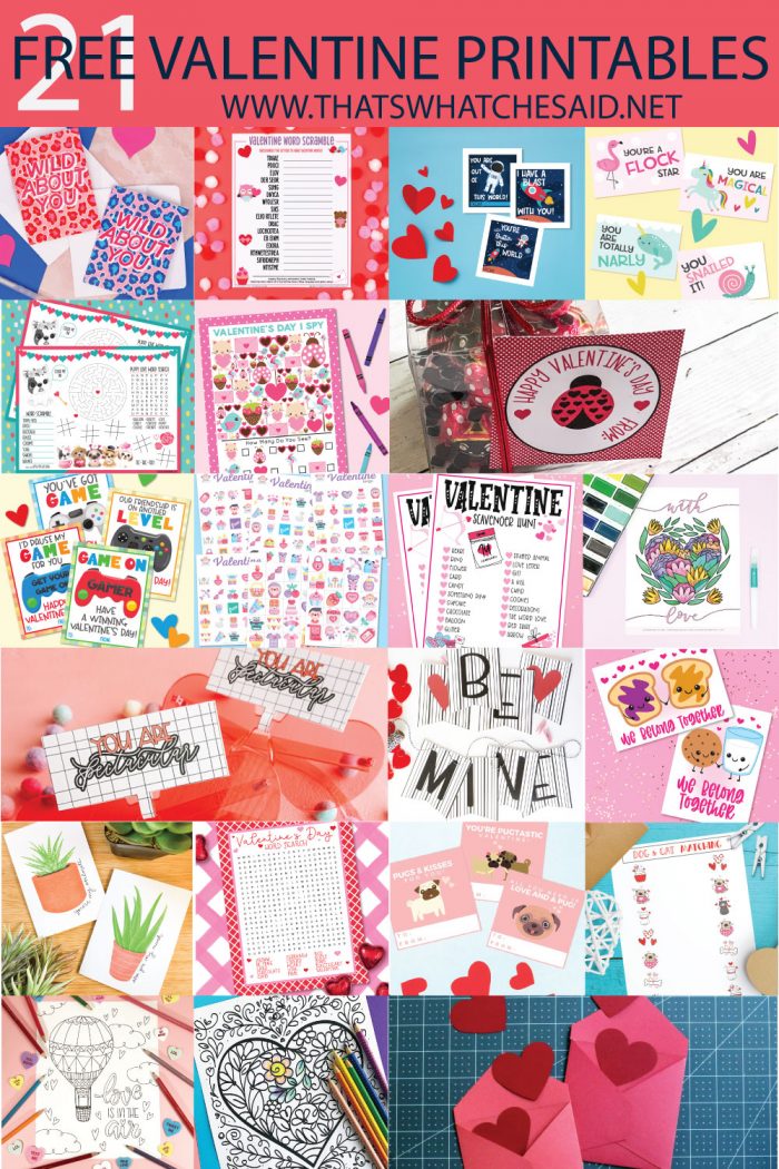 collage of 21 free valentine printables