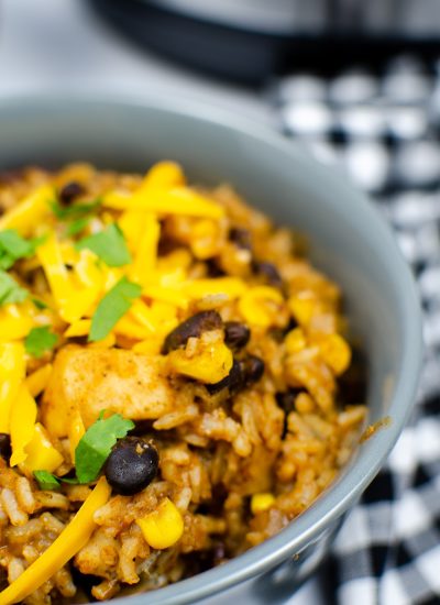 Chicken Burrito Bowl in grey bowl close up Vertical Format