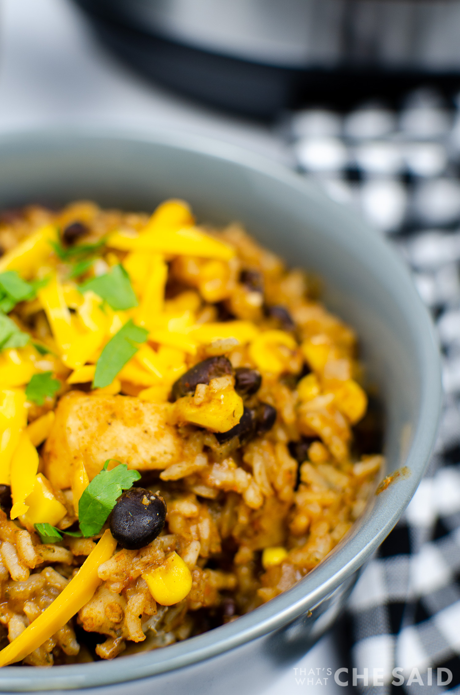 Chicken Burrito Bowl in grey bowl close up Vertical Format